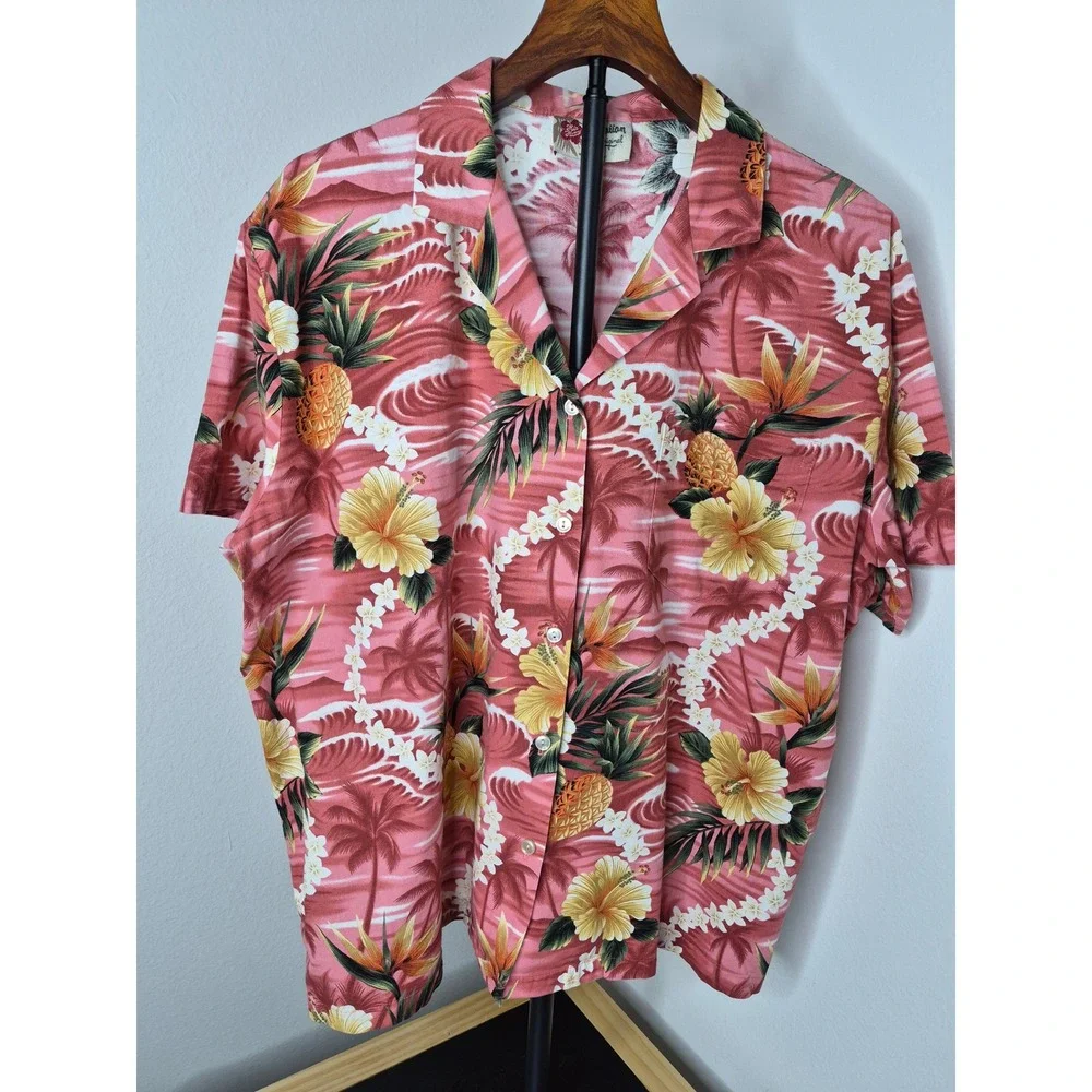 Hilo Hattie Vintage Hawaiian Shirt Mens Large Pink Pineapple Hibiscus Cotton